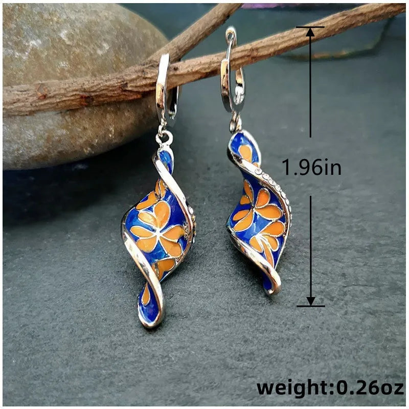 Spiral Leaf Enamel Pendant Earrings - Elegant Flower Pattern Long Dangle Fashion Jewelry Gift