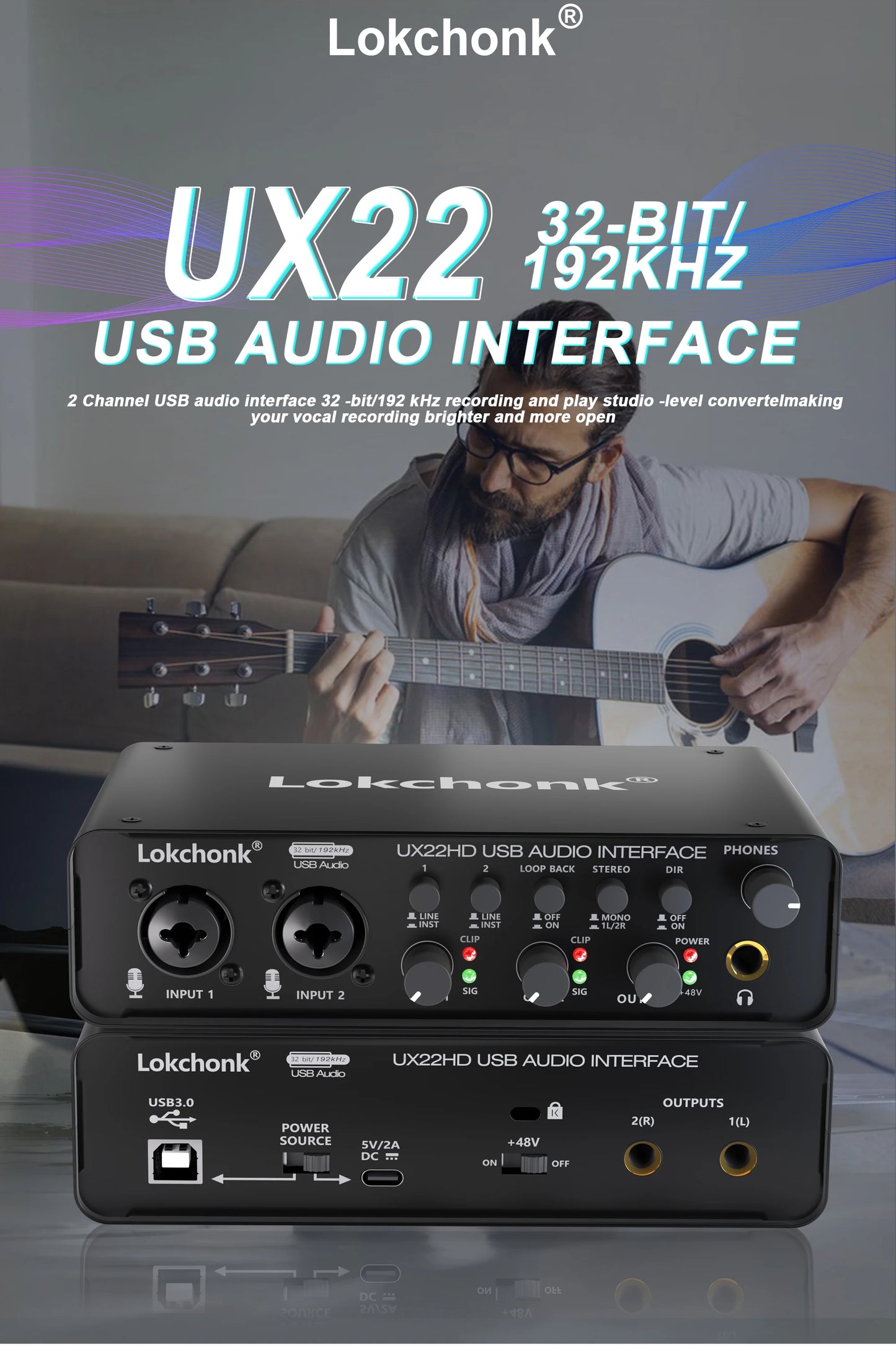 UX22 Audio Interface Sound Card – 32-bit/192KHz AD Converter for Electric Guitar, Live Recording, Studio Singing & Podcast
