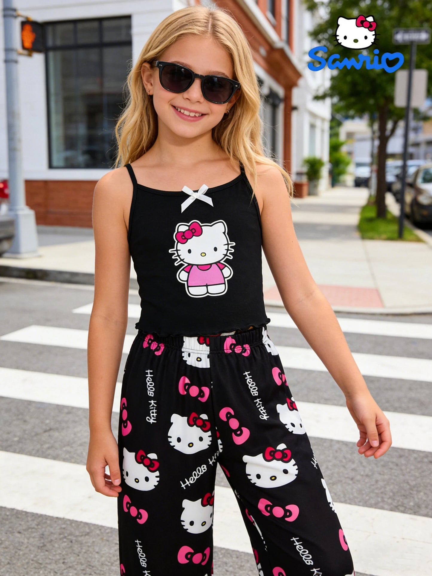 Girls Sanrio Hello Kitty Pants Set - Summer Tank Top & Wide Leg Casual Pants for Outdoor and Home Wear