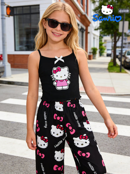 Girls Sanrio Hello Kitty Pants Set - Summer Tank Top & Wide Leg Casual Pants for Outdoor and Home Wear