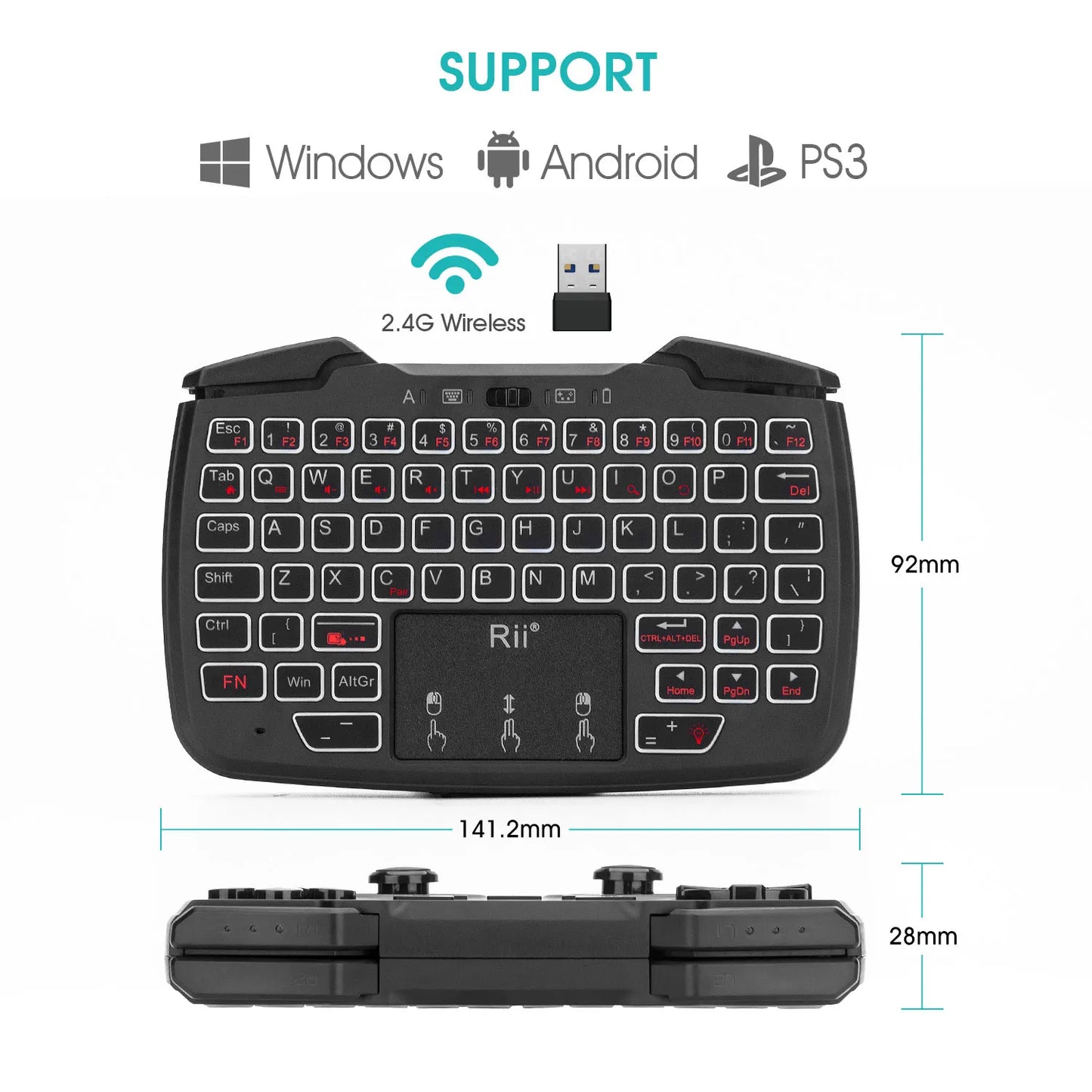 Rii RK707 Wireless Game Controller Keyboard Mouse Combo: 2.4GHz Portable with Turbo Function for PC/Raspberry Pi 2/Android TV Google/TV