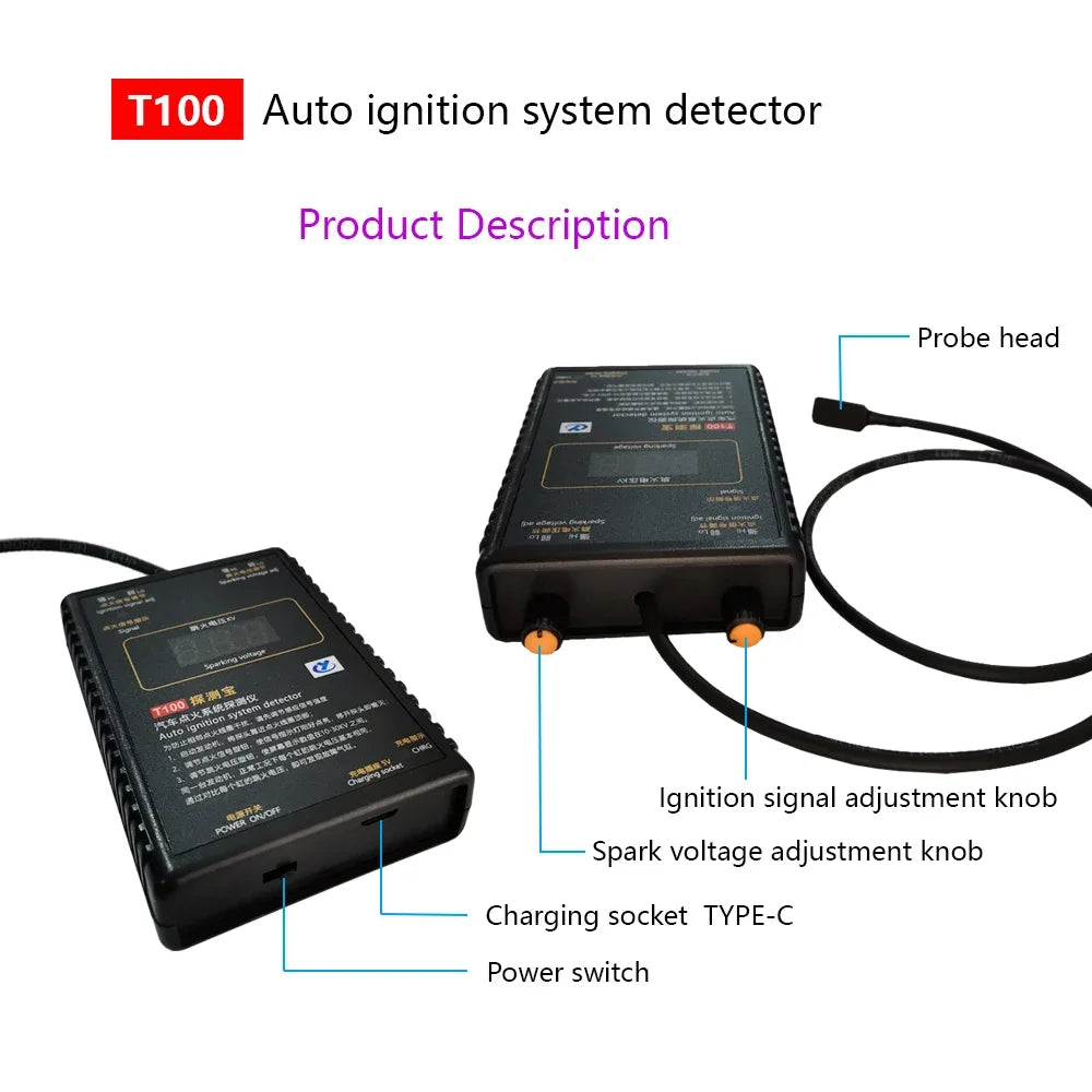 T100 Auto Ignition System Tester — 12V/24V Detector for Ignition Signal & Spark Voltage Testing