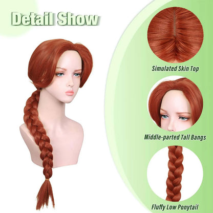 Fiona Princess Long Braided Wig - Reddish Brown Synthetic Hair for Halloween Cosplay & Parties