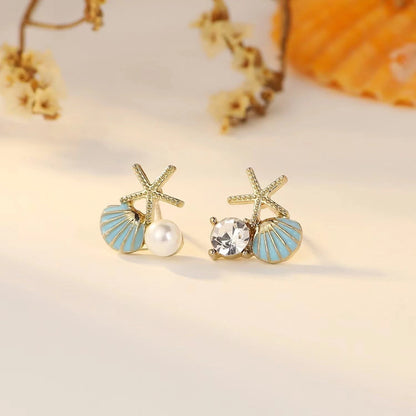 Ocean Style Asymmetric Earrings - Starfish Shell Pearl Zircon Stud Jewelry Gift for Women