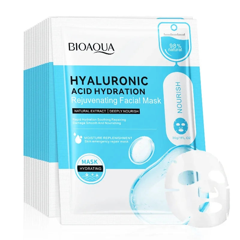 BIOAQUA Hyaluronic Acid Face Masks - 10-Piece Moisturizing Facial Sheet Mask Set for Hydration & Skin Care