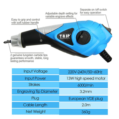 13W Electric Engraving Pen Tool – Etcher with Carbide Tips & Stencils for Wood, Metal, Glass, Plastic & Craft Work