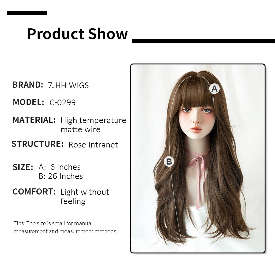 7JHH Brown Ash Long Deep Wave Lolita Wig for Women — Synthetic Hair with Bangs, Thick Curly Fashion Wig