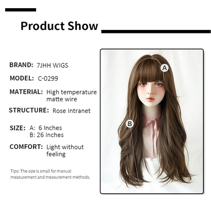 7JHH Brown Ash Long Deep Wave Lolita Wig for Women — Synthetic Hair with Bangs, Thick Curly Fashion Wig