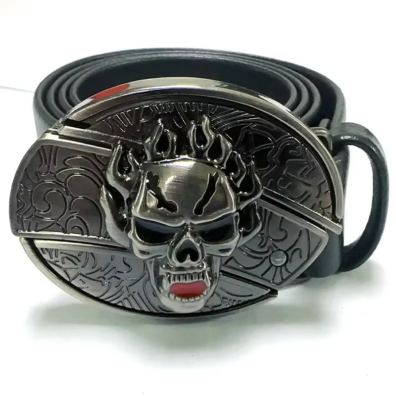 Vintage Adjustable Belt – Metal Buckle Fashion Waistband for Men, Punk Western Cowboy Style with Embossed Design