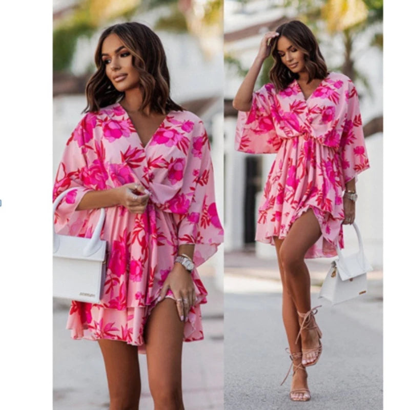 Women’s Sexy V-Neck Ruffle Mini Dress – Summer Boho Floral Batwing Sleeve Beach Party Dress