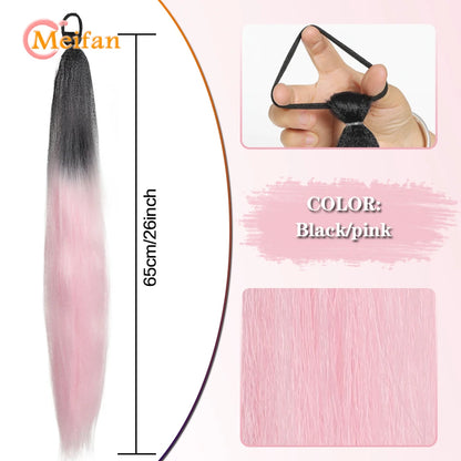 MEIFAN Synthetic Color Braid Ponytail Extension – Red, Green, Blue, Pink, Straight Hair Wrap Around with Elastic Tie