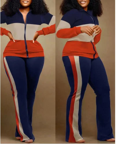 Women’s 2023 Autumn Two-Piece Set – Geometric Print Stand Collar Zip-Up Top & Casual Sporty Pants