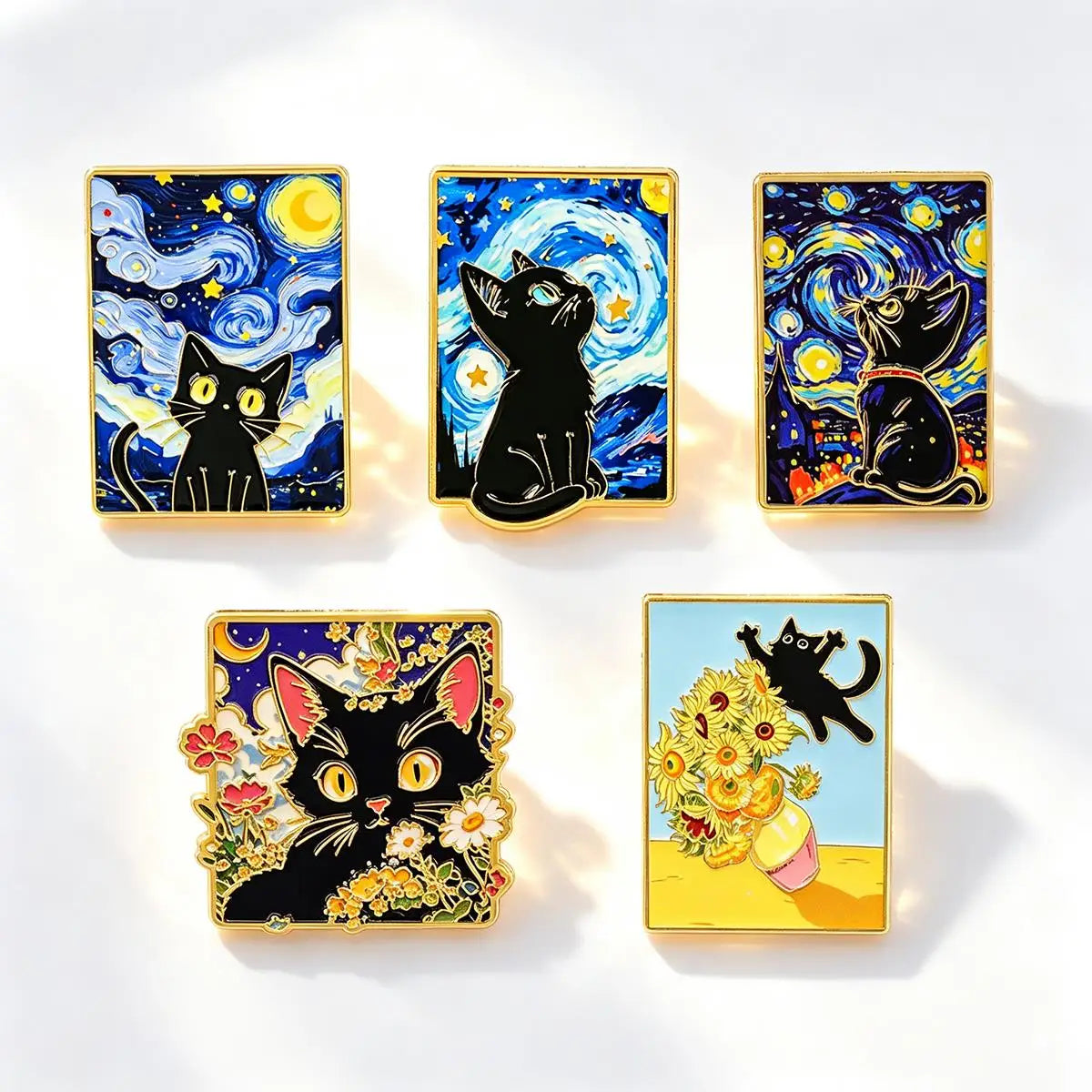 5-Piece Van Gogh Art Black Cat Enamel Pin Set - Cartoon Metal Brooches for Backpacks, Clothing, and Art Lovers’ Gifts