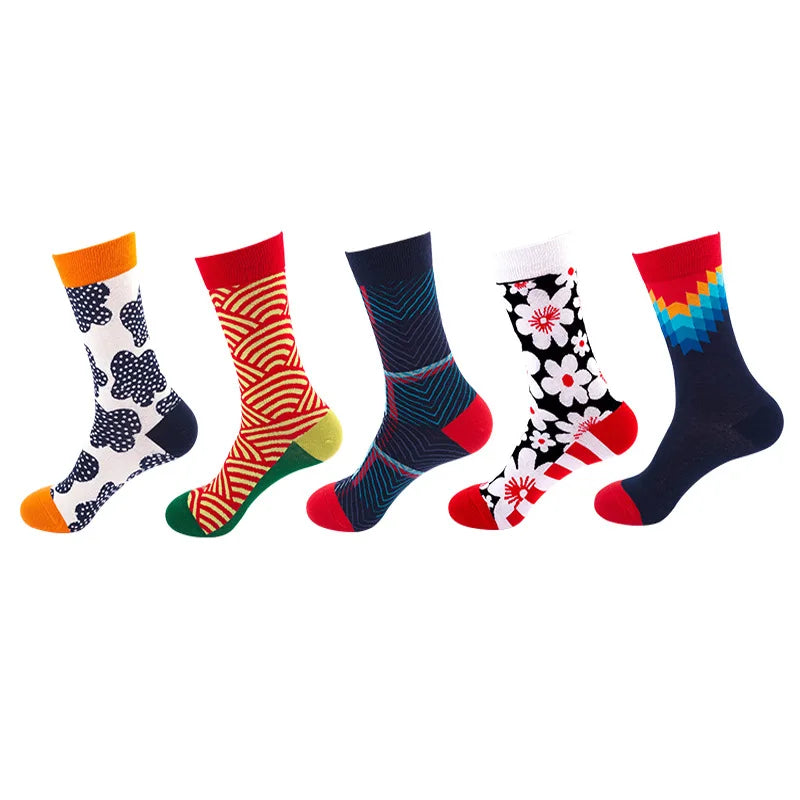 5-Pair Men’s Cotton Sports Socks Pack - Hip Hop Harajuku Pastel Print Long Tube Running Casual Socks