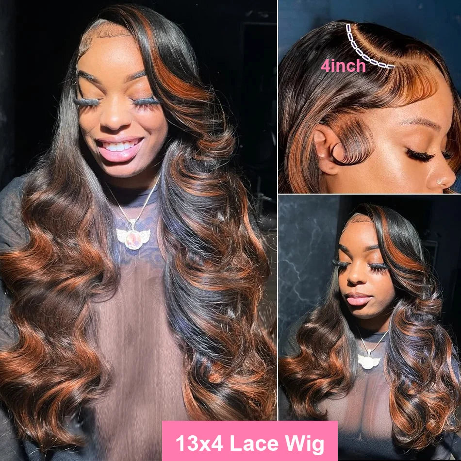 30 Inch Brazilian Body Wave Highlight Ombre Wig – 13x4 Lace Front, 1B/30 Black Brown Human Hair Wig for Women