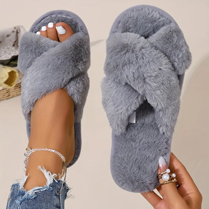 Popular Cross Furry Slippers for Women – Fluffy EVA Slides, Soft Flat Shoes for Autumn & Winter Outdoor Fashion