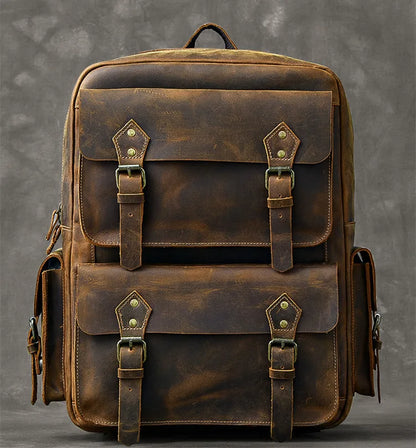 Vintage Crazy Horse Leather Backpack for Men — 17" Laptop Travel Rucksack Cowhide Hiking Bag M815