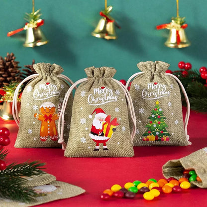 Christmas Linen Drawstring Bags – Cartoon Santa & Snowman Candy Gift Pouches for Xmas Party Packaging