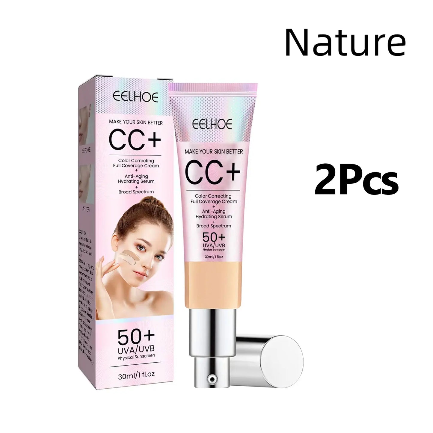 Waterproof CC Cream Foundation SPF 50 – Moisturizing Brightening Concealer with Oil Control, Sun Protection Makeup (1/2/3pcs)