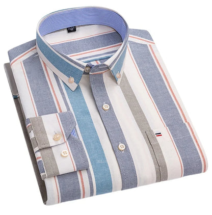 Men’s Cotton Oxford Shirt - Smart Casual Long Sleeve Plaid Print Dress Shirt, Regular Fit up to 6XL