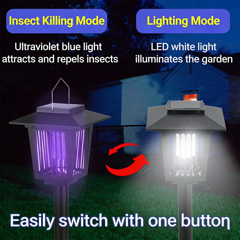 Solar Bug Zapper Lamp - Waterproof Cordless Mosquito Killer with UV & White Light for Indoor Outdoor Use