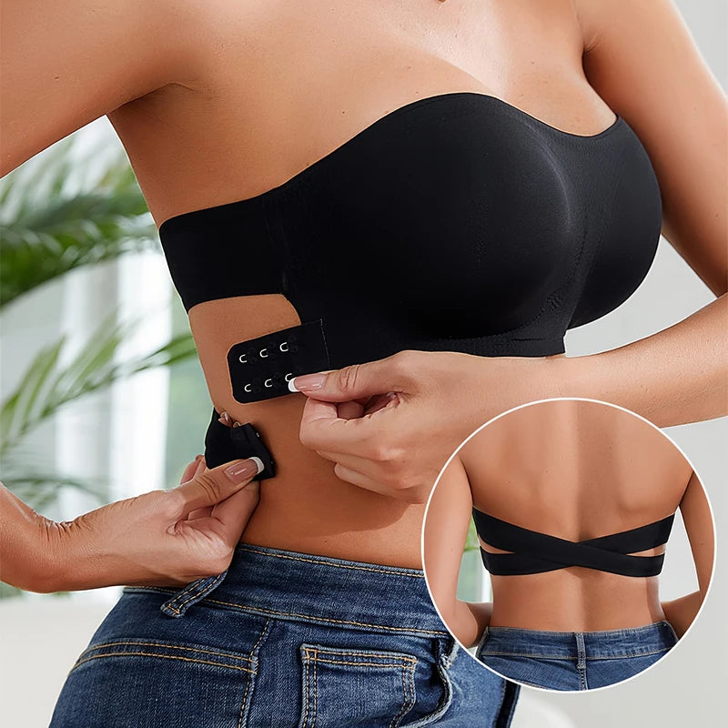 Women’s Strapless Push Up Bra – Seamless Ice Silk Removable Padded Invisible Anti-Slip Beauty Back Off Shoulder Bralette