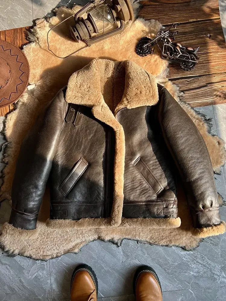 Men's Genuine Sheepskin Shearling Coat - Thick Wool Lined Winter Leather Jacket Brown Plus Size XXXXXXL
