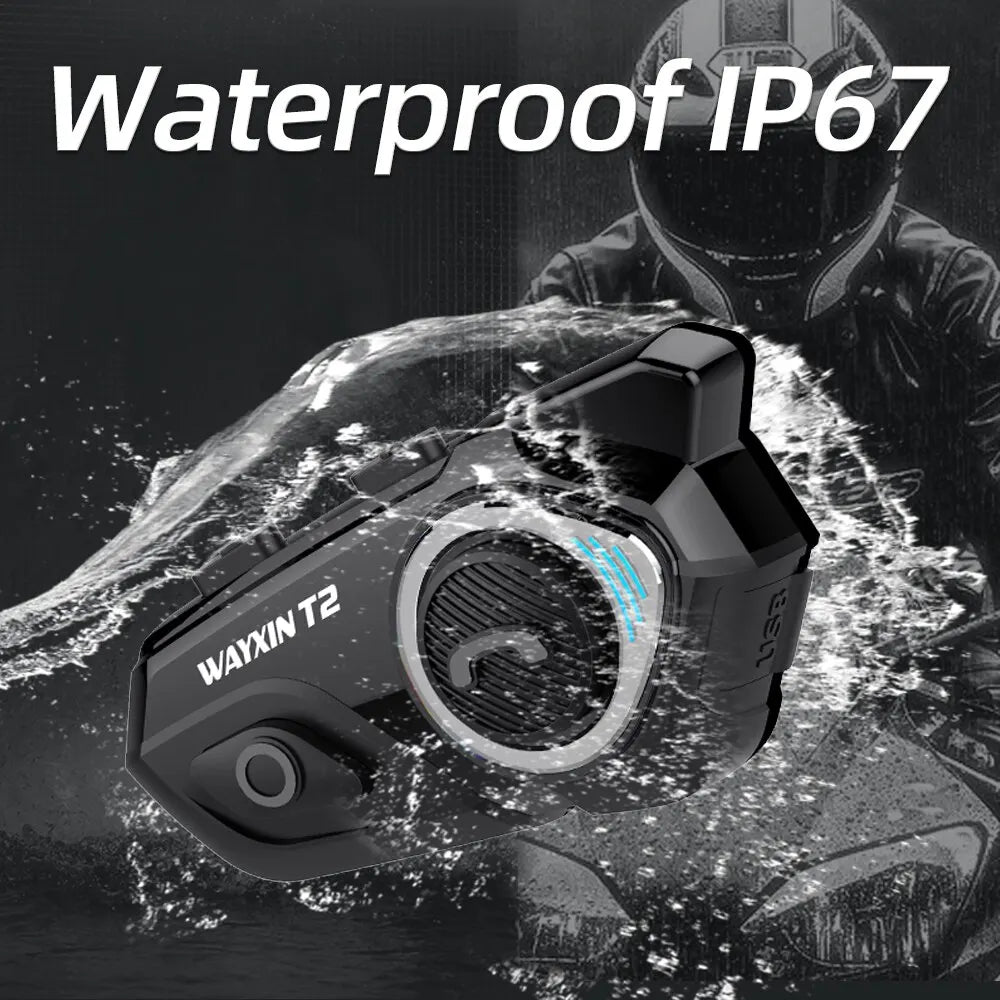 WAYXIN T2 Motorcycle Helmet Bluetooth Headset – Waterproof 300M Intercom for 2 Riders, BT 5.1 Moto Interphone