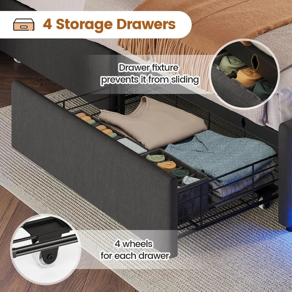 Queen Bed Frame with Headboard & 4 Drawers – LED Upholstered and Metal Bed with Charging Station, Twin & Queen Sizes