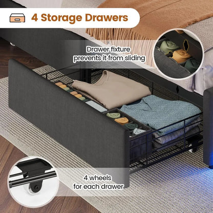Queen Bed Frame with Headboard & 4 Drawers – LED Upholstered and Metal Bed with Charging Station, Twin & Queen Sizes