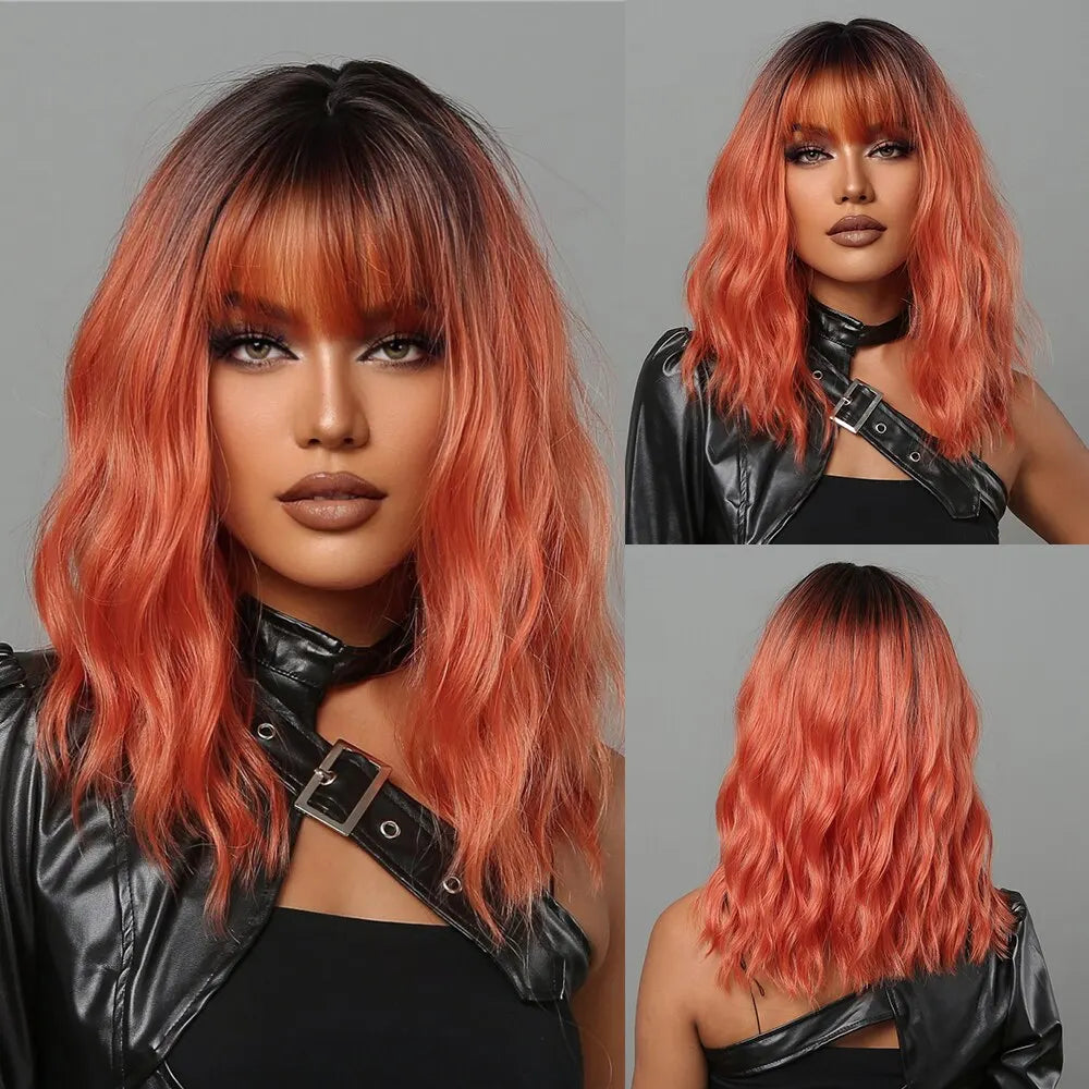 Women’s Grey Wavy Bob Wig with Bangs — Short Blonde Ombre Synthetic Hair with Dark Roots for Daily Wear