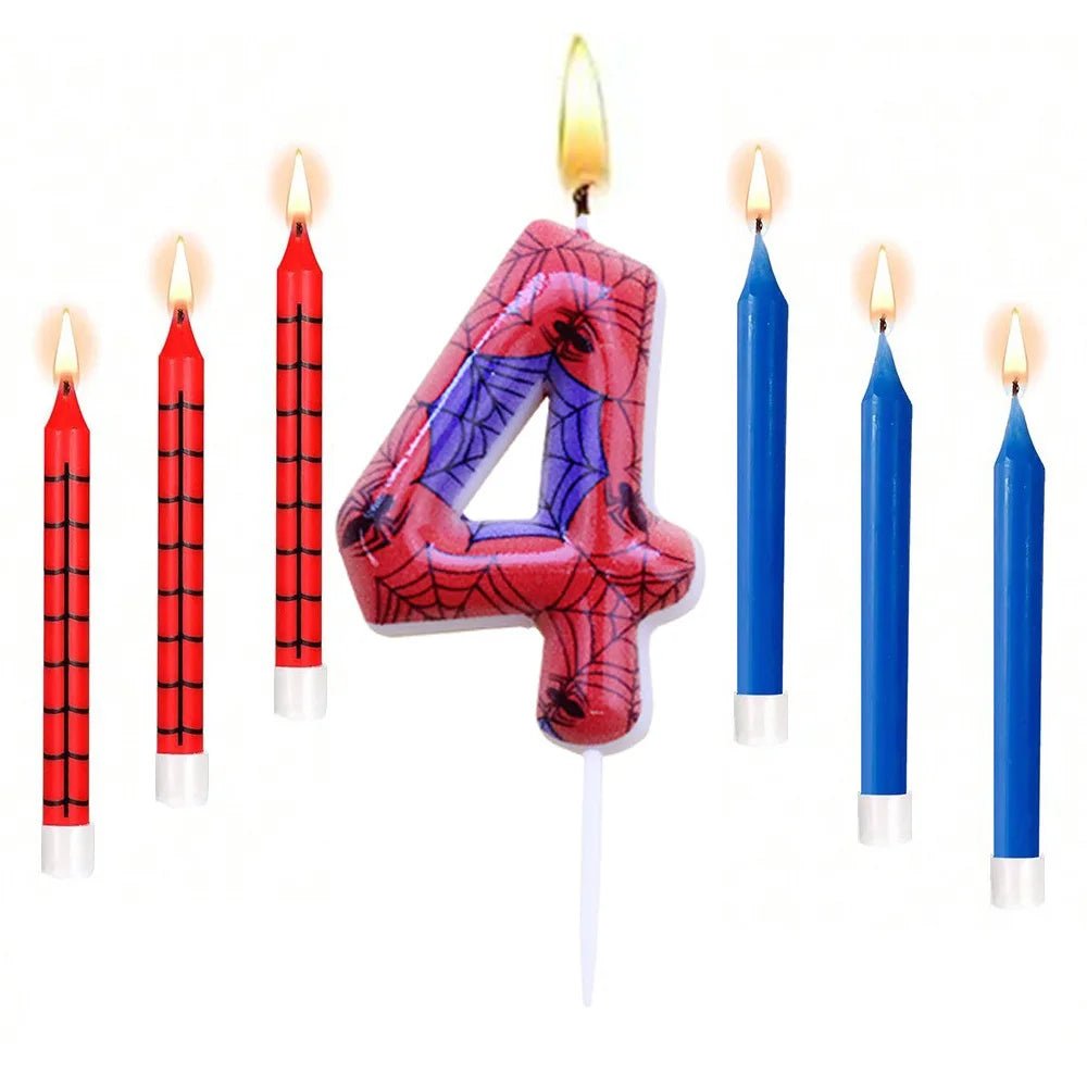 7Pcs Spider-Themed Number 4 Birthday Candles – Red & Blue Cartoon Cake Topper Decorations for Kids Party Supplies