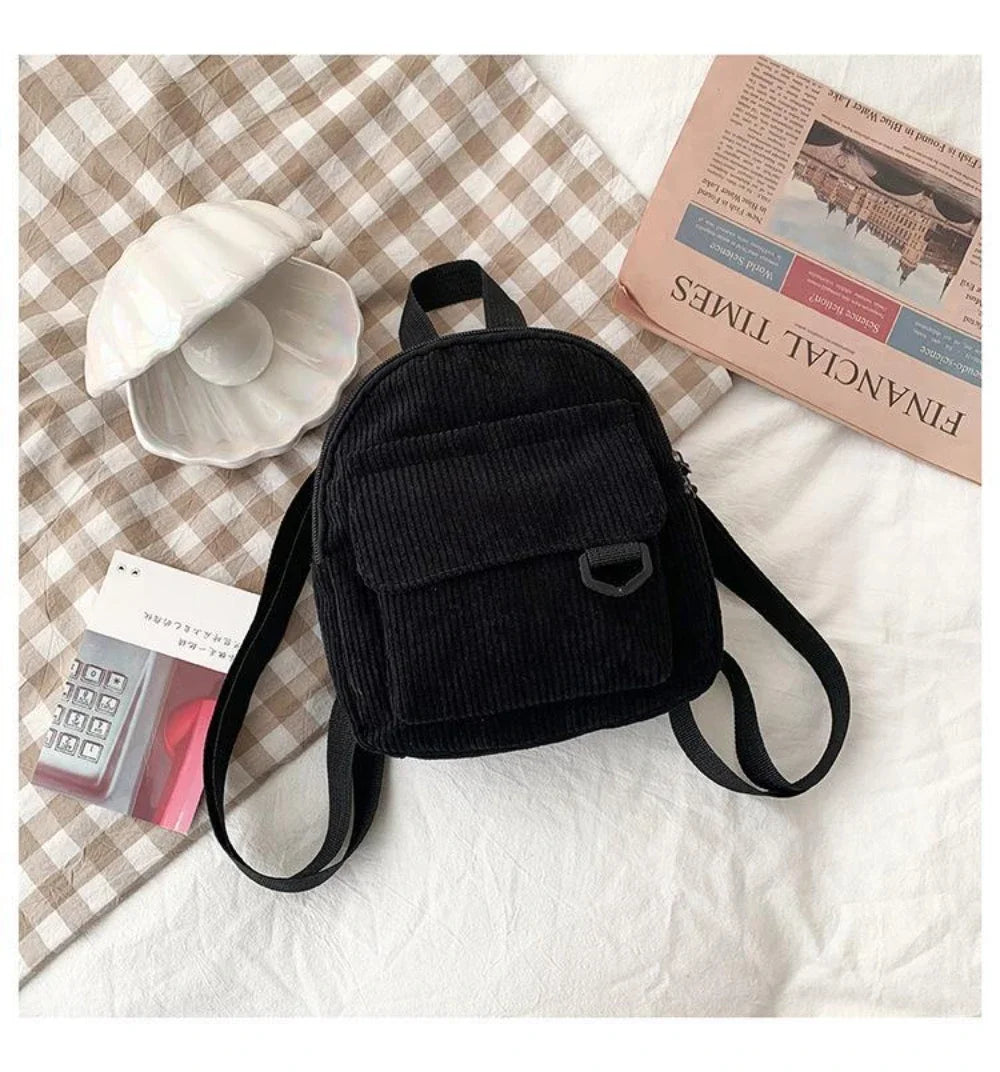 Women's Mini Backpack - Fashionable Solid Color Corduroy Casual Schoolbag with Large Capacity