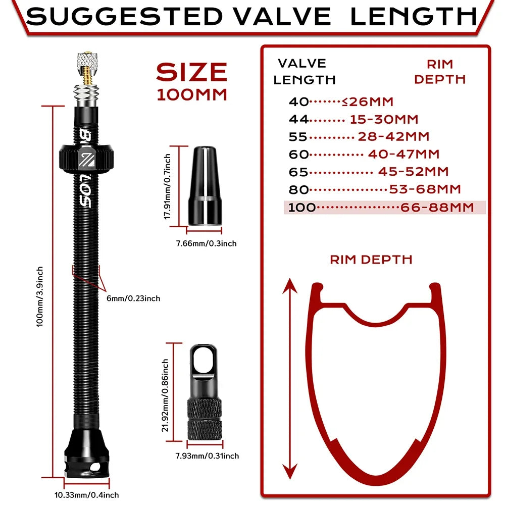 BUCKLOS Tubeless Presta Valve 40–100mm — CNC Aluminum Alloy Bike Valve for Road & MTB