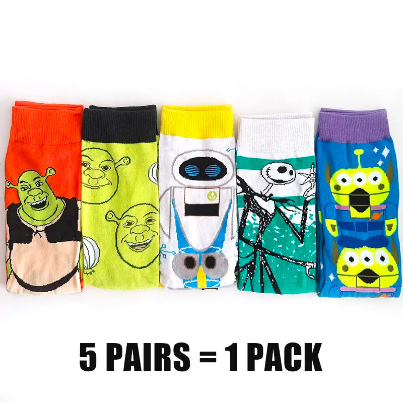 Cartoon Anime Crew Socks - 5 Pairs Unisex Hip Hop Street Style Novelty Casual Socks for Men and Women