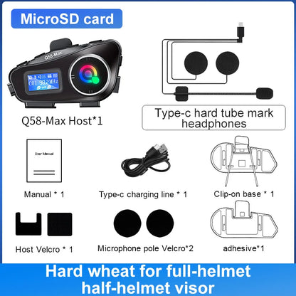 Q58 Max Motorcycle Helmet Intercom Headset – Waterproof 300M Bluetooth Wireless Intercom for 2 Riders with Music Sharing & Flashlight