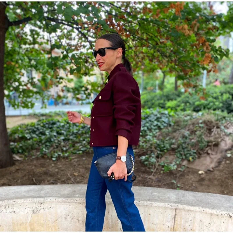 2025 Women's Elegant Long Sleeve Woolen Coat – V-Neck, Single-Breasted Slim Fit Solid Color Office Jacket