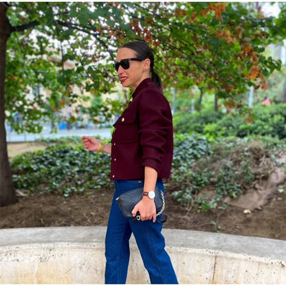 2025 Women's Elegant Long Sleeve Woolen Coat – V-Neck, Single-Breasted Slim Fit Solid Color Office Jacket