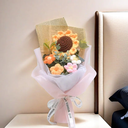 Efun Handmade Crochet Flower Bouquet — Sunflower & Daisy Arrangement for Valentine’s, Wedding, Anniversary, Mother’s Day & Birthday Gift