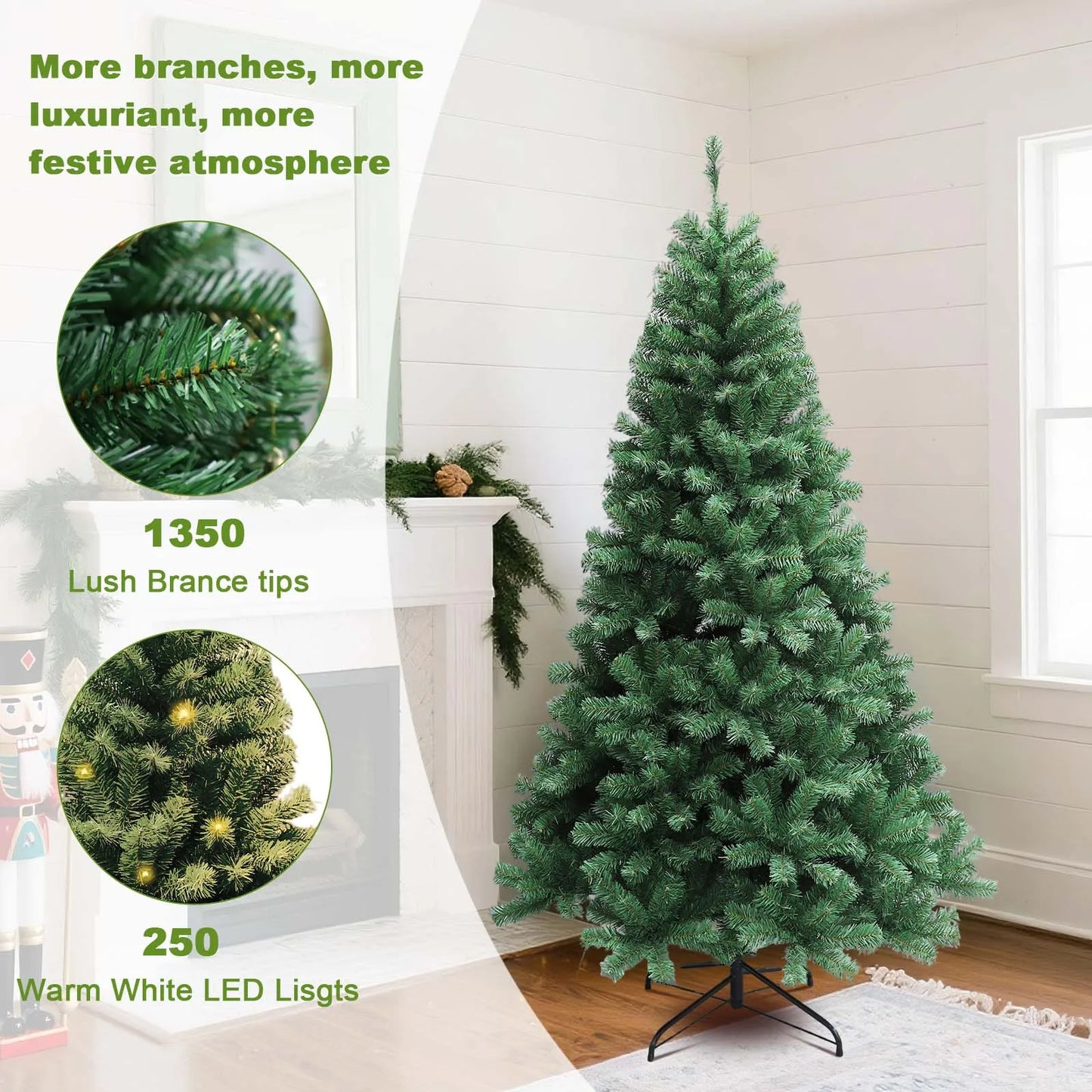 6-7ft Pre-Lit Artificial Christmas Tree — Hinged Xmas Tree with LED Lights & 8 Lighting Modes for Home Decor
