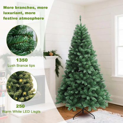 6-7ft Pre-Lit Artificial Christmas Tree — Hinged Xmas Tree with LED Lights & 8 Lighting Modes for Home Decor