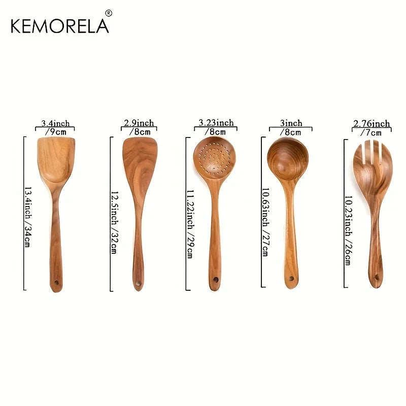 5PCS Thailand Teak Wooden Cooking Spoon Set – Natural Kitchen Ladle, Turner, Rice Colander & Soup Skimmer Utensils