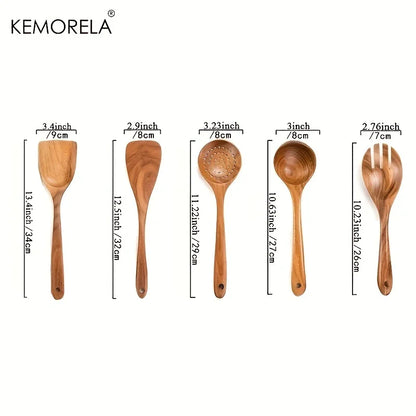 5PCS Thailand Teak Wooden Cooking Spoon Set – Natural Kitchen Ladle, Turner, Rice Colander & Soup Skimmer Utensils