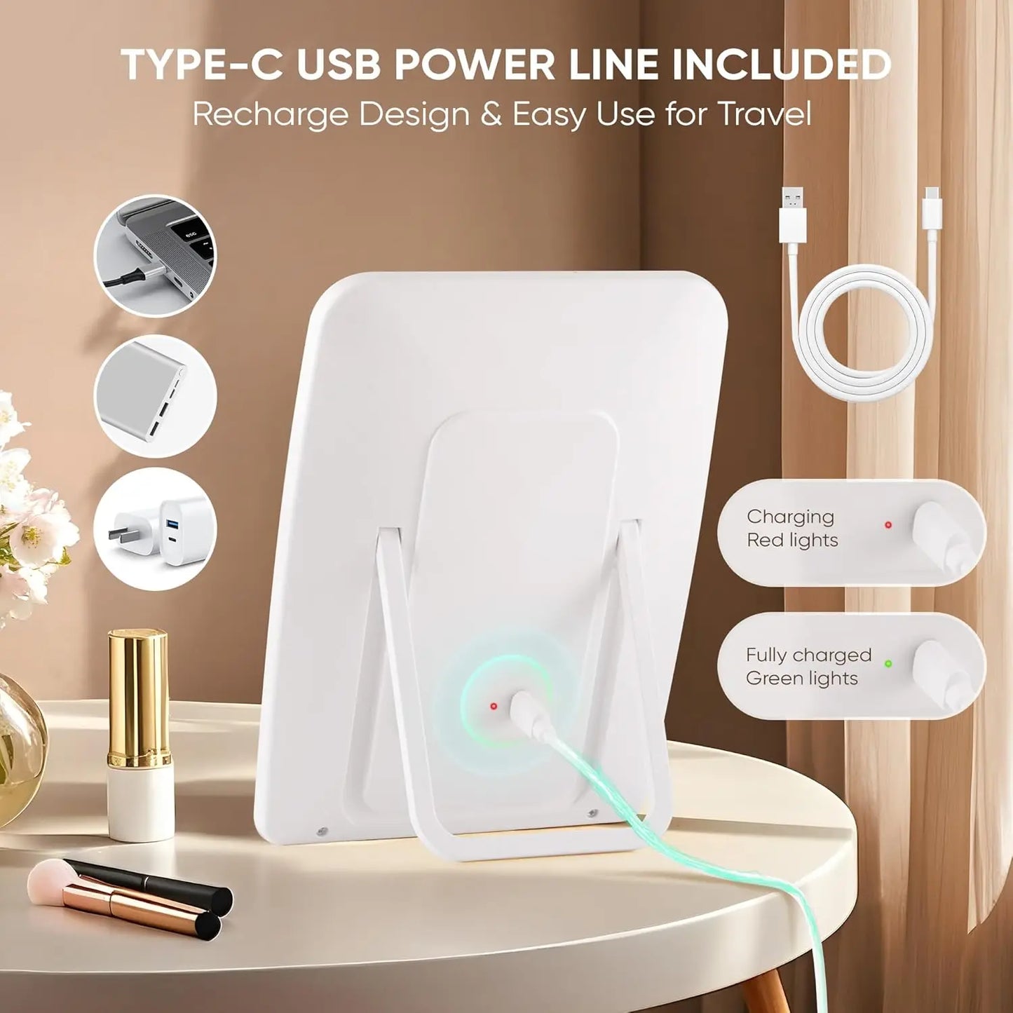 LED Compact Rechargeable Makeup Mirror – Dimmable Touchscreen with 3-Color Lighting, Lighted Travel & Tabletop Cosmetic Mirror