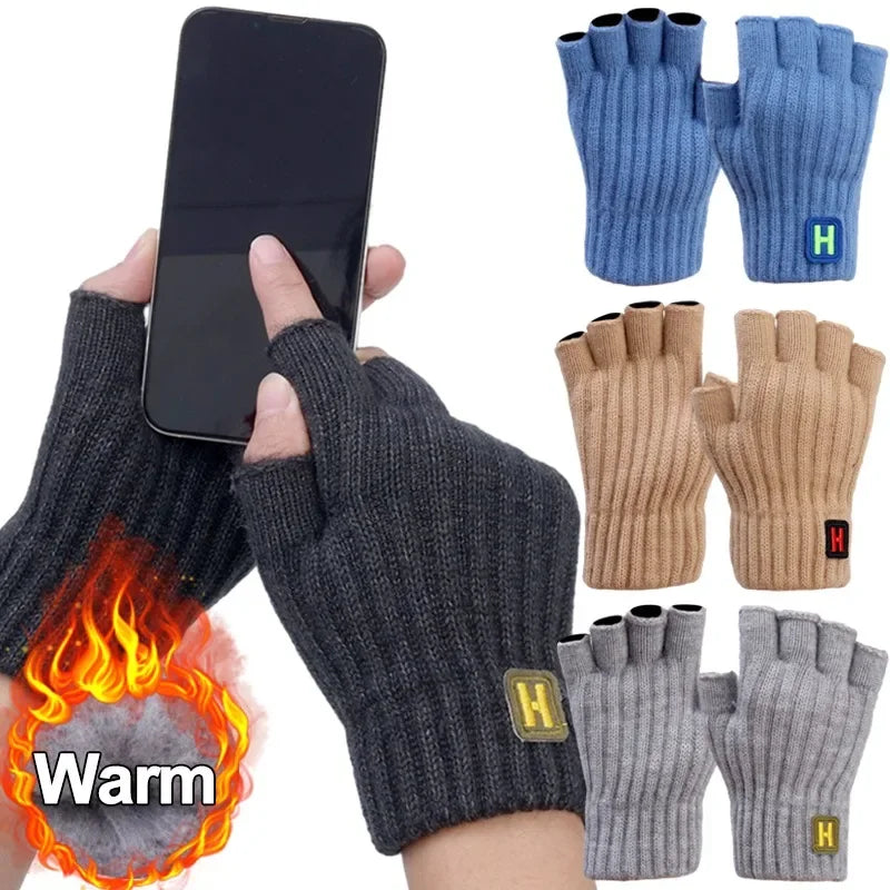 Knitted Thermal Fingerless Gloves for Men & Women – Thick Warm Wool Half Finger Touchscreen Winter Driving Mittens