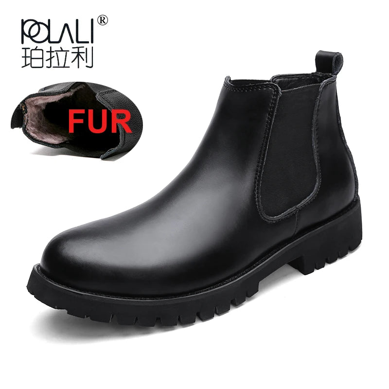 Men’s Winter Chelsea Boots – Black Split Leather Warm Plush Fur Lined Boots