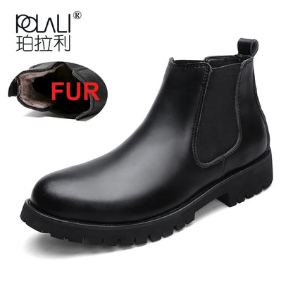 Men’s Winter Chelsea Boots – Black Split Leather Warm Plush Fur Lined Boots