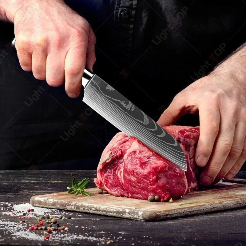 Laser Damascus Kitchen Knife Set – Cleaver, Meat, Fruit, Bread, Boning Knife and Chicken Scissors for Barbecue and Home Cooking