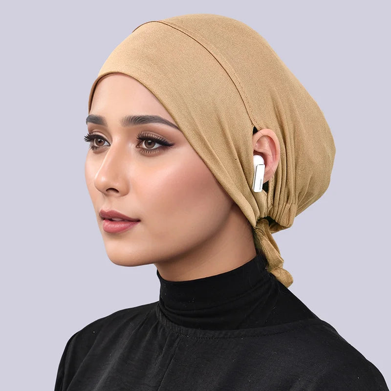 Women’s Tie-Back Jersey Hijab Cap - Stretchy Elastic Muslim Inner Underscarf with Ear-Covering Design