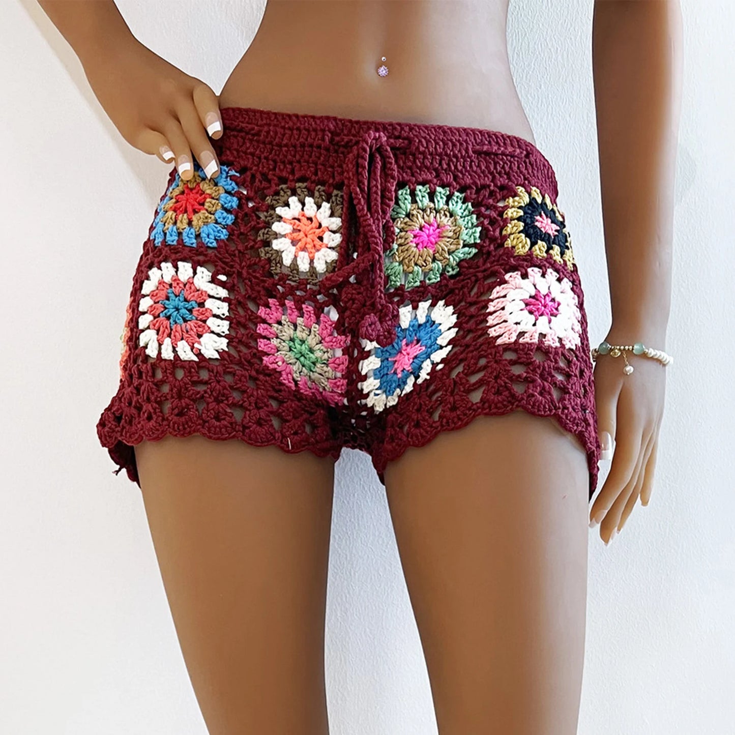 Women’s Knit Crochet Beach Shorts – Hollow Out Swimsuit Cover Up, Elastic Waist Drawstring Casual Lounge Swimwear Shorts